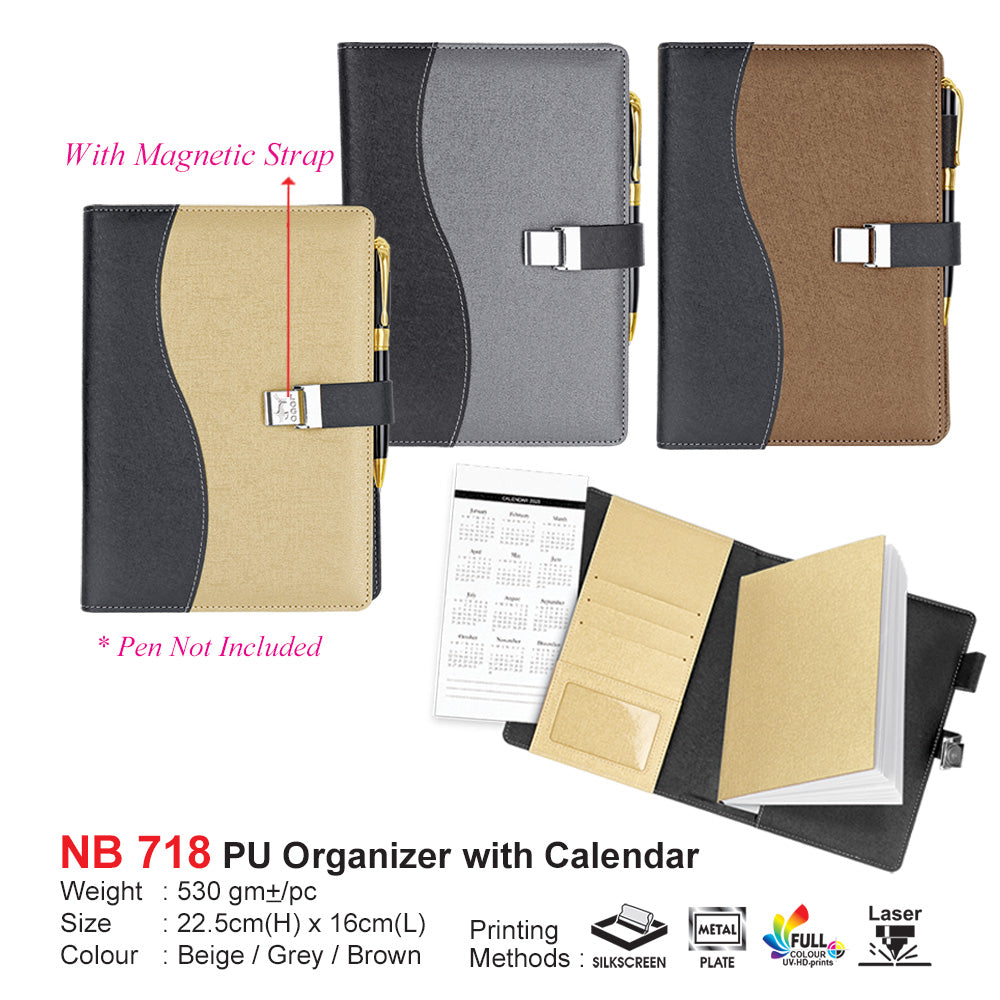 Corporate gifting PU organizer with calendar and magnetic strap in beige, gray, and brown colors on a white background.
