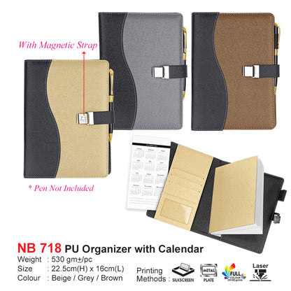 Corporate gifting PU organizer with calendar and magnetic strap in beige, gray, and brown colors on a white background.