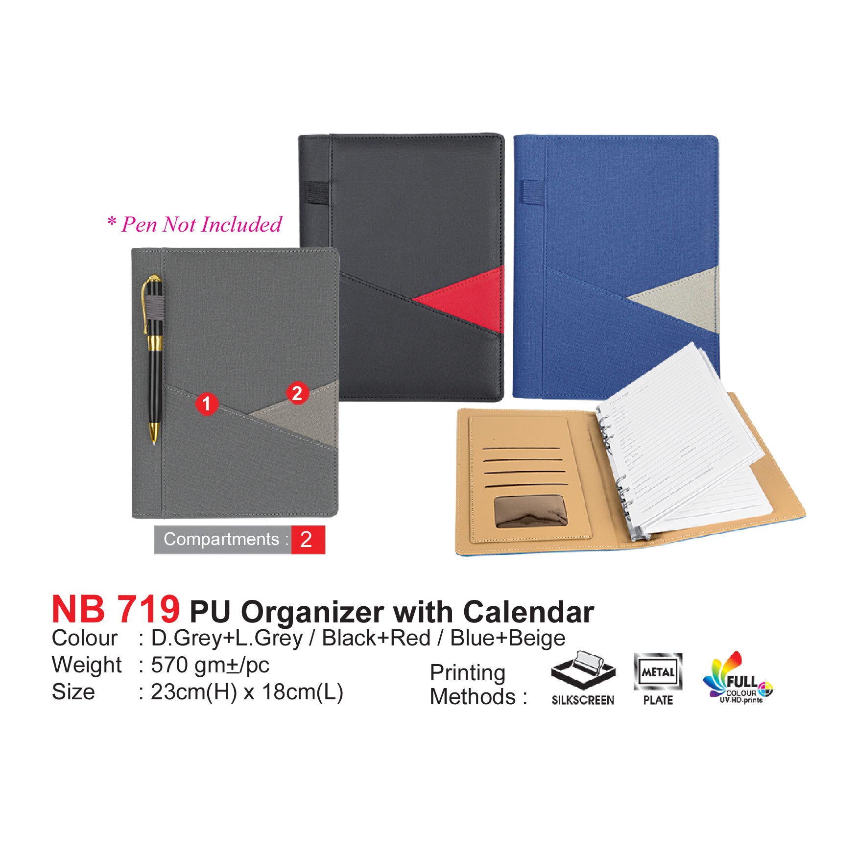 PU organizer with calendar and pen on a white background