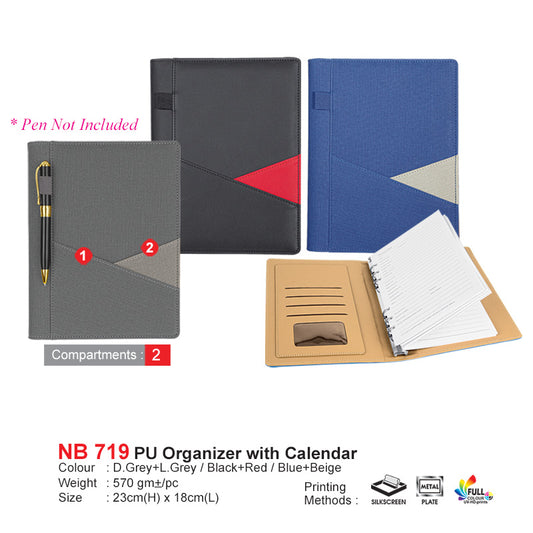 PU organizer with calendar in various colors on a white background. PU Organizer with Calender (NB719)
