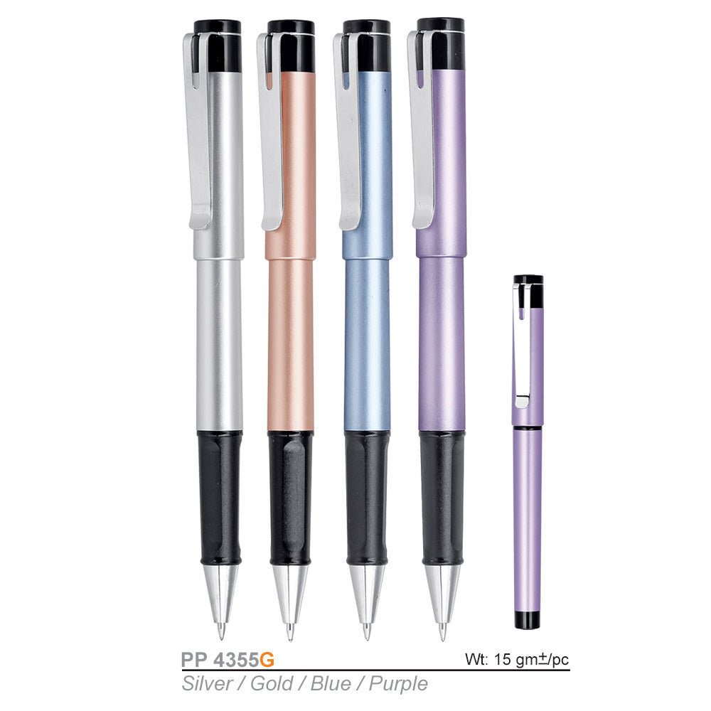 Plastic Gel Ink Pen (PP4355G) Set of five pens in silver, gold, blue, purple, and black on a white background