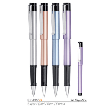 Plastic Gel Ink Pen (PP4355G) Set of five pens in silver, gold, blue, purple, and black on a white background