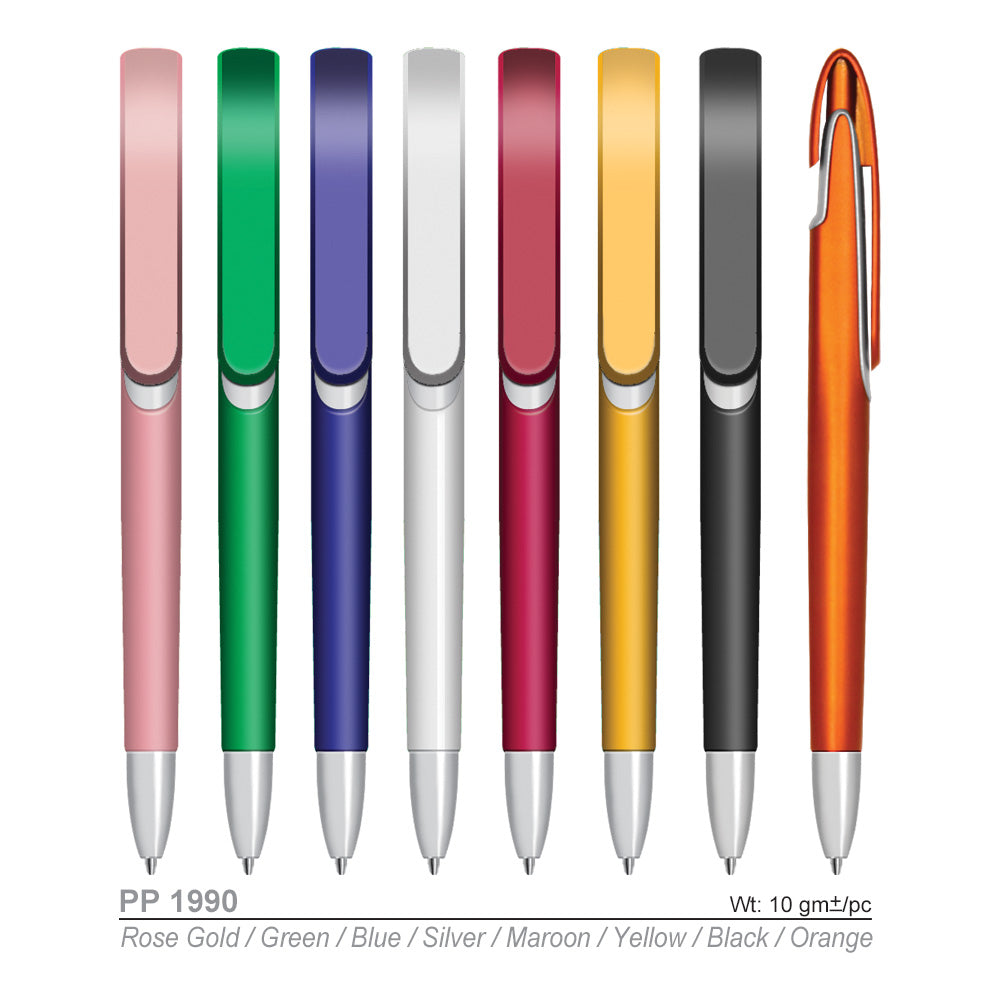 Set of colorful pens with metallic accents on a white background