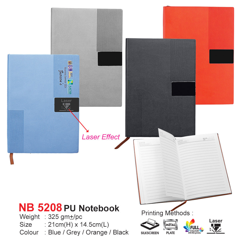 Set of Pu Notebook NB5208 in blue, gray, black, and orange with an open notebook showing lined pages.