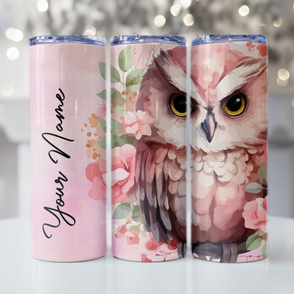 Personalised Tumbler Design Owl with pink background RD1