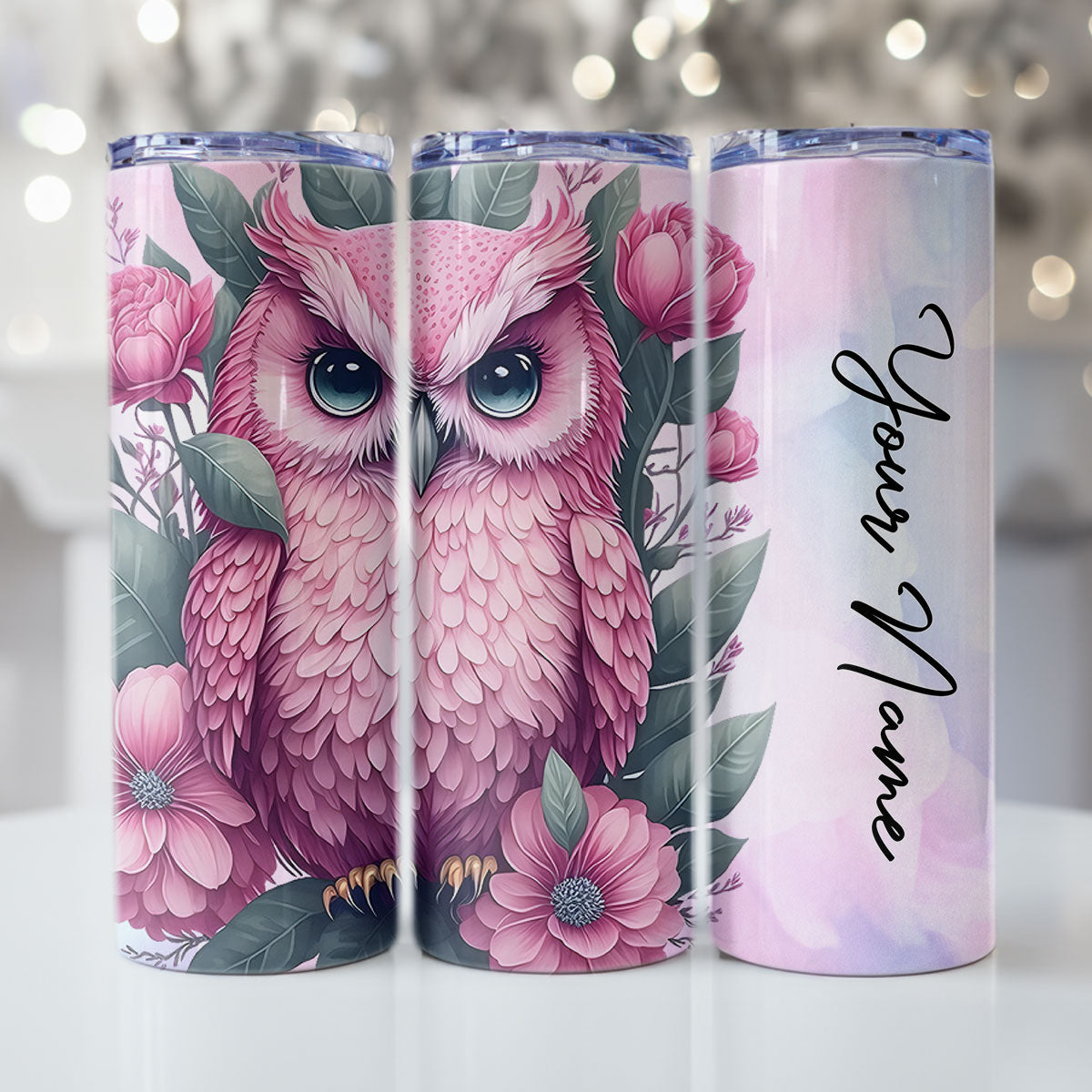 Personalised Tumbler Design Owl with Pink background RD6