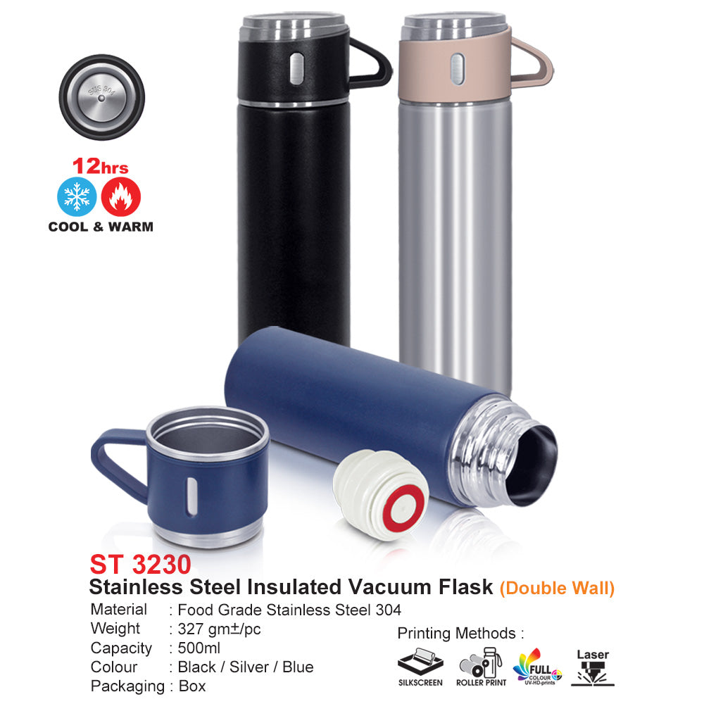 Stainless steel insulated vacuum flasks in black, silver, and blue with a cup on a white background.