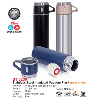 Stainless steel insulated vacuum flasks in black, silver, and blue with a cup on a white background.