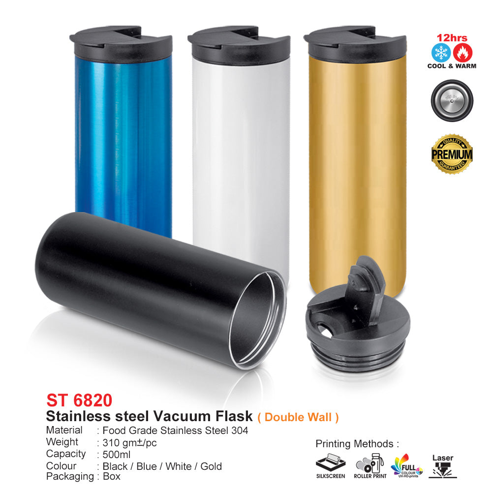 Stainless steel vacuum flasks in blue, white, and gold with black lids on a white background.