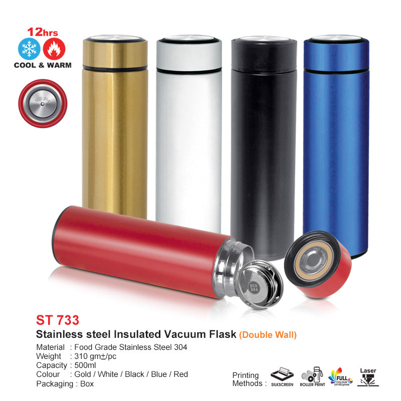 Set of stainless steel insulated vacuum flasks in various colors on a white background. engraving laser