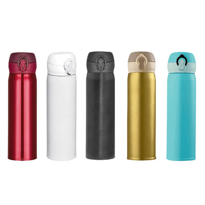 Set of five insulated travel mugs in different colors on a white background