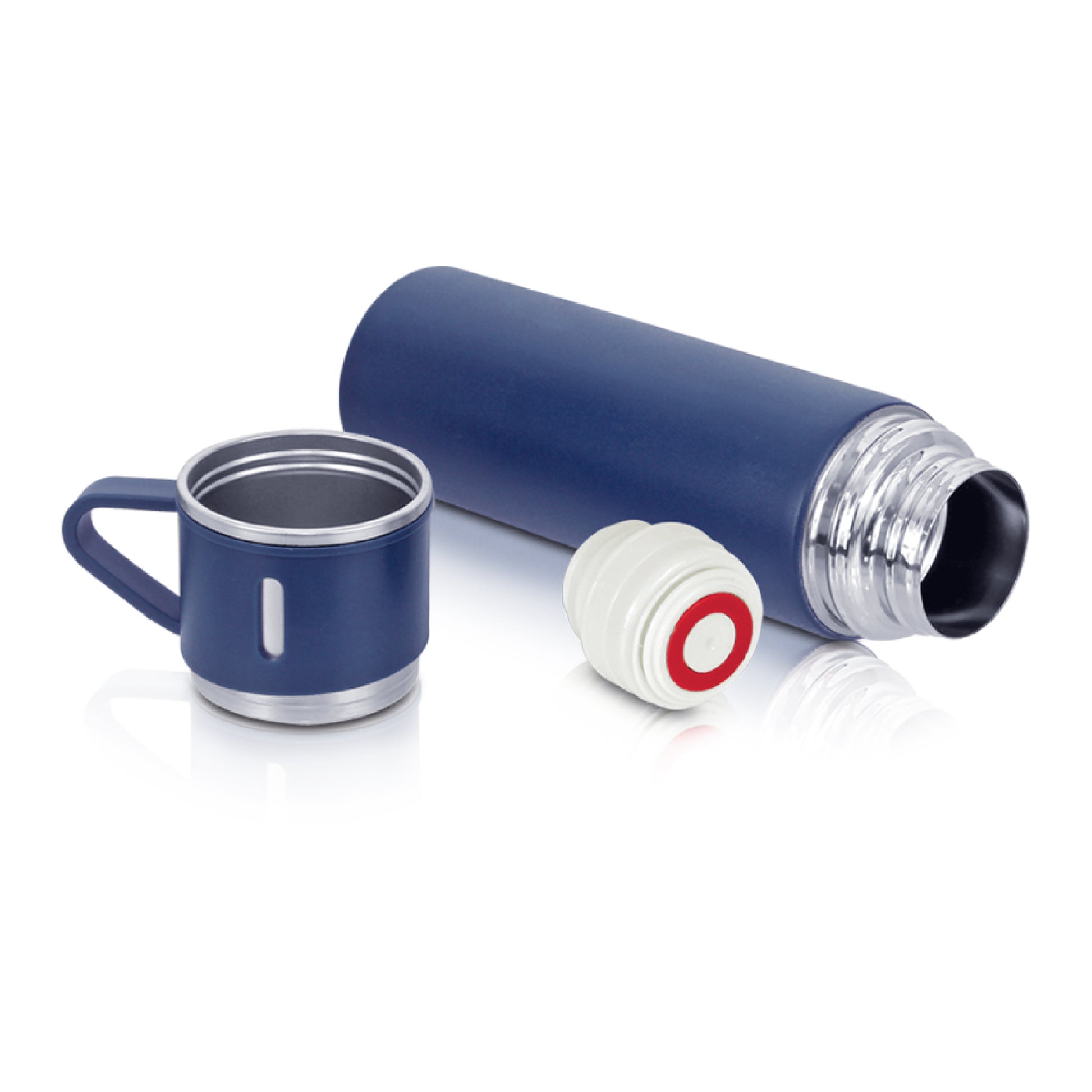 Blue thermos flask with matching mug and white cap with red dot on a white background