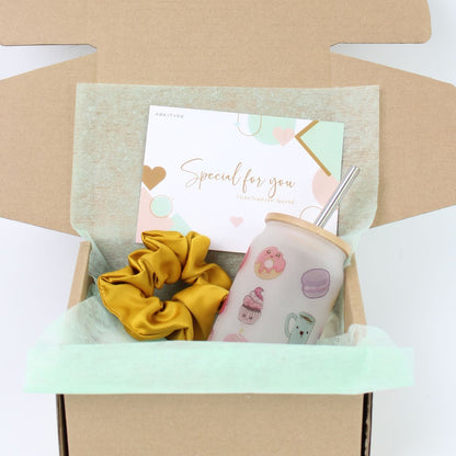 Personalised Gift Set Frosted Glass Can with scrunchies