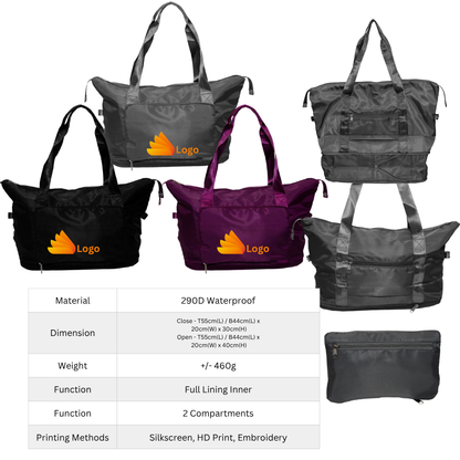 Collection of travelling bags in black, gray, and purple with a logo on a white background. for cusom printing 
