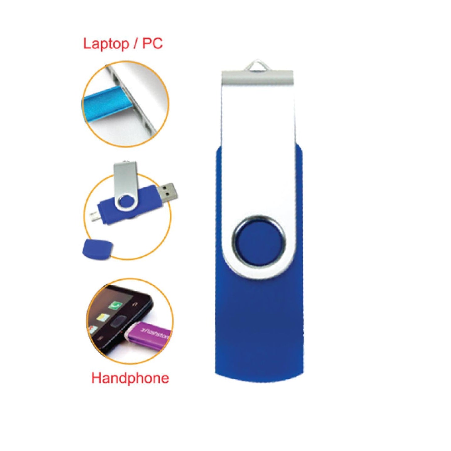 Blue USB flash drive with usage icons for laptop, PC, and smartphone on a white background