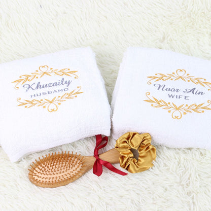 Set Gift Towel Couple With personalised Nama, Engraved Name Wooden Comb