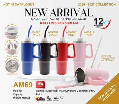 AM69 – 900ml Stainless Steel Auto Mug (Matte Finish, 12H Keep Warm & Cool)