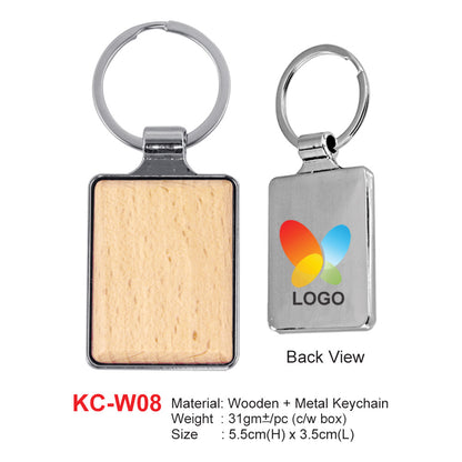 Wooden and metal keychain with a logo on a white background