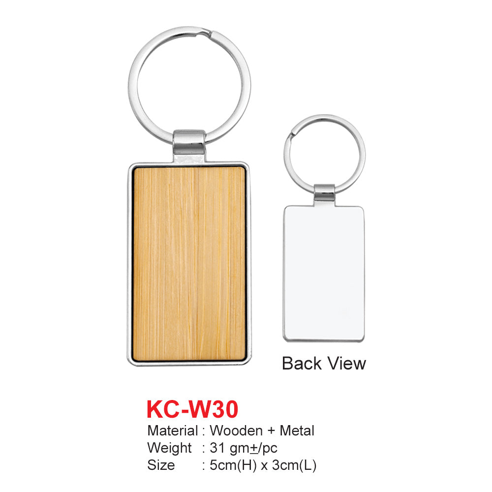 Wooden and metal keychain with back view on a white background