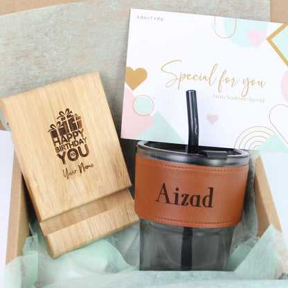 Personalised Gift Set Glass jar with leather and Wooden Stand Phone