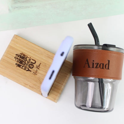 Personalised Gift Set Glass jar with leather and Wooden Stand Phone