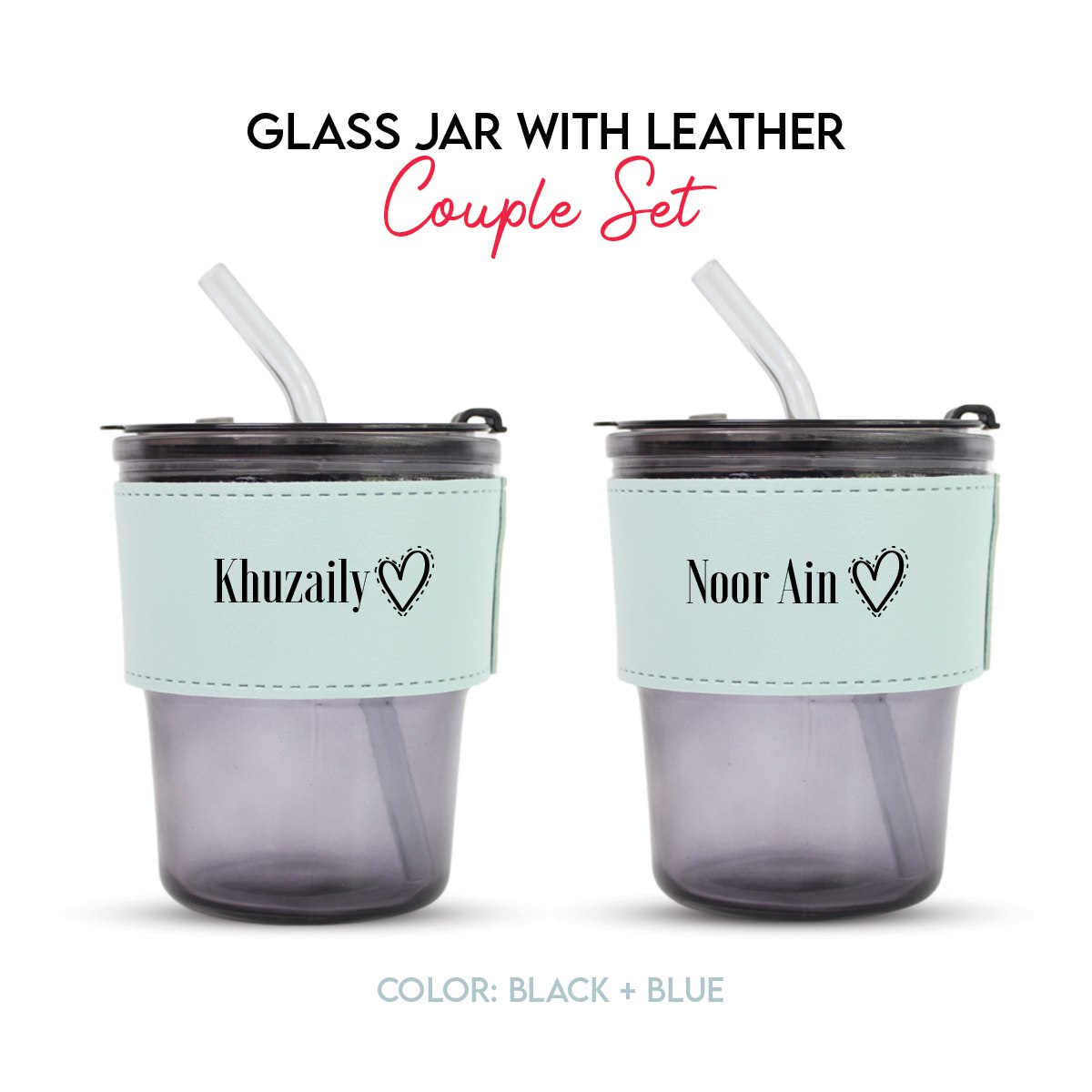 Gift Set for Couple - Personalised name Glass Jar with Leather