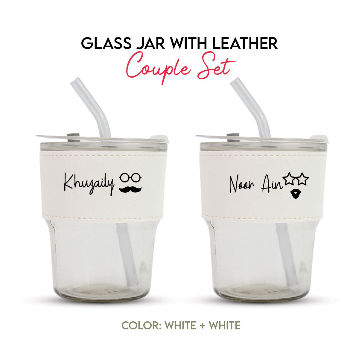 Gift Set for Couple - Personalised name Glass Jar with Leather