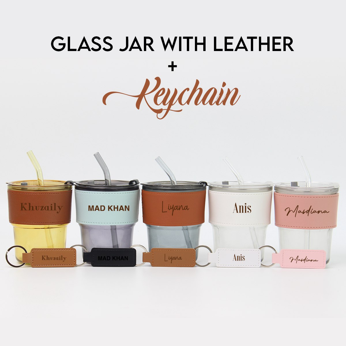 Gift Set Personalised Glass Jar and Keychain Leather