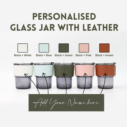 Personalised Glass jar with leather with scrunchies